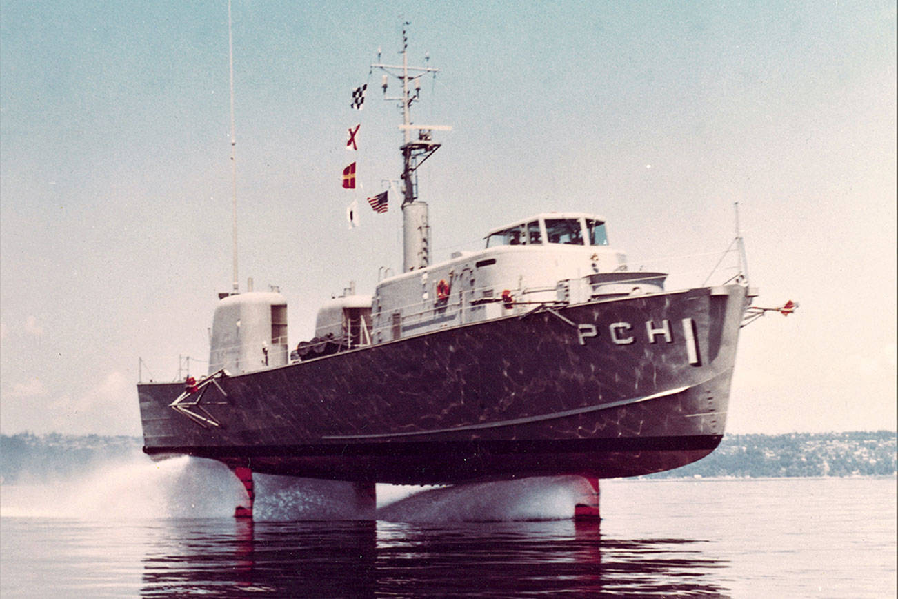 Hydrofoils, such as the USS High Point launched in 1962 and operated from the Puget Sound Navy Shipyard, was designed by Boeing to “fly” above the sea, reducing drag and risk of torpedo attacks.