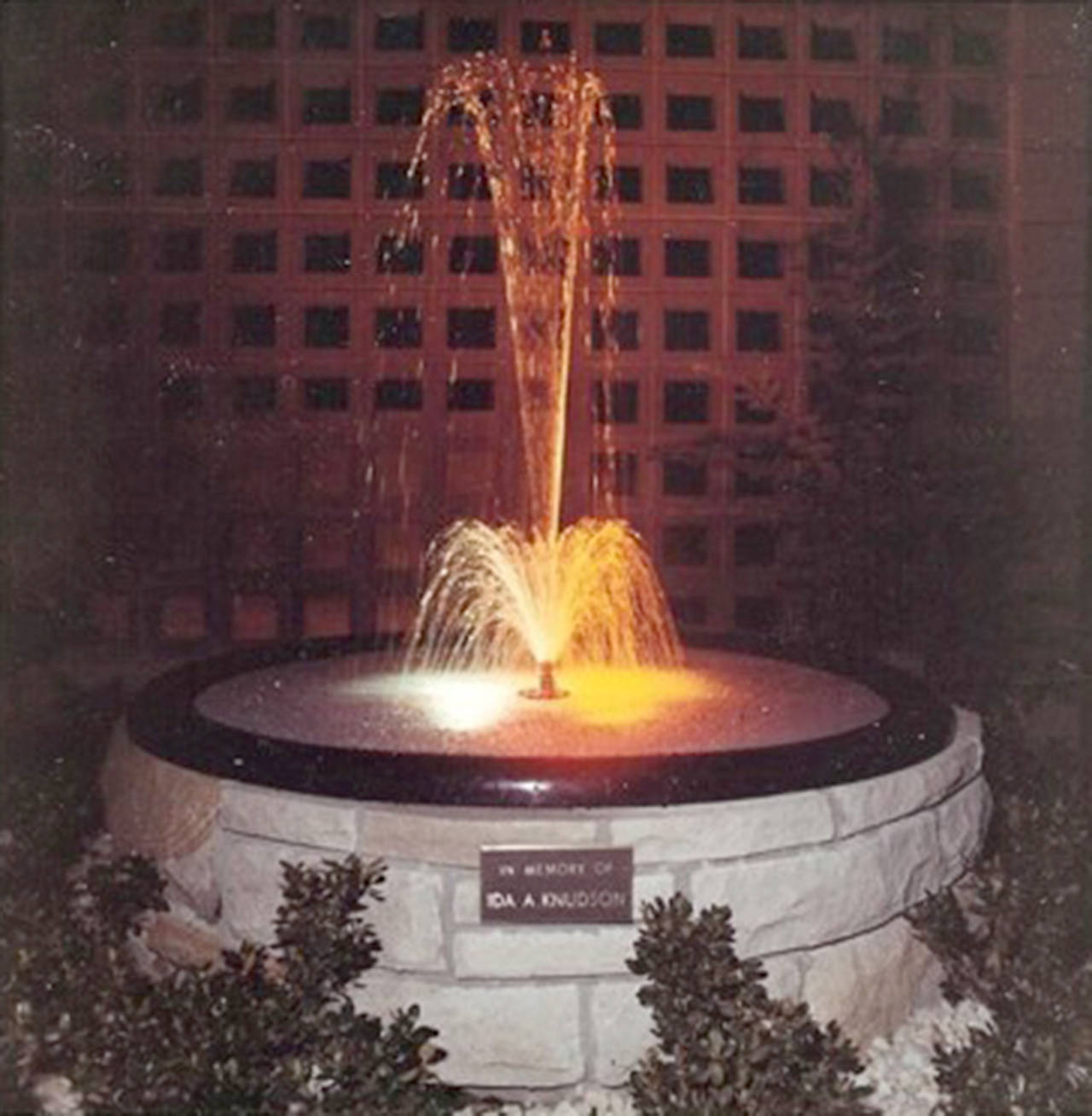 Back in the 1960s, the Ida A. Knudson fountain graced the front of Poulsbo’s old city hall across on Jensen Way. It sent up sprays of water with lights that made the droplets change color at night. (Poulsbo Historical Society)