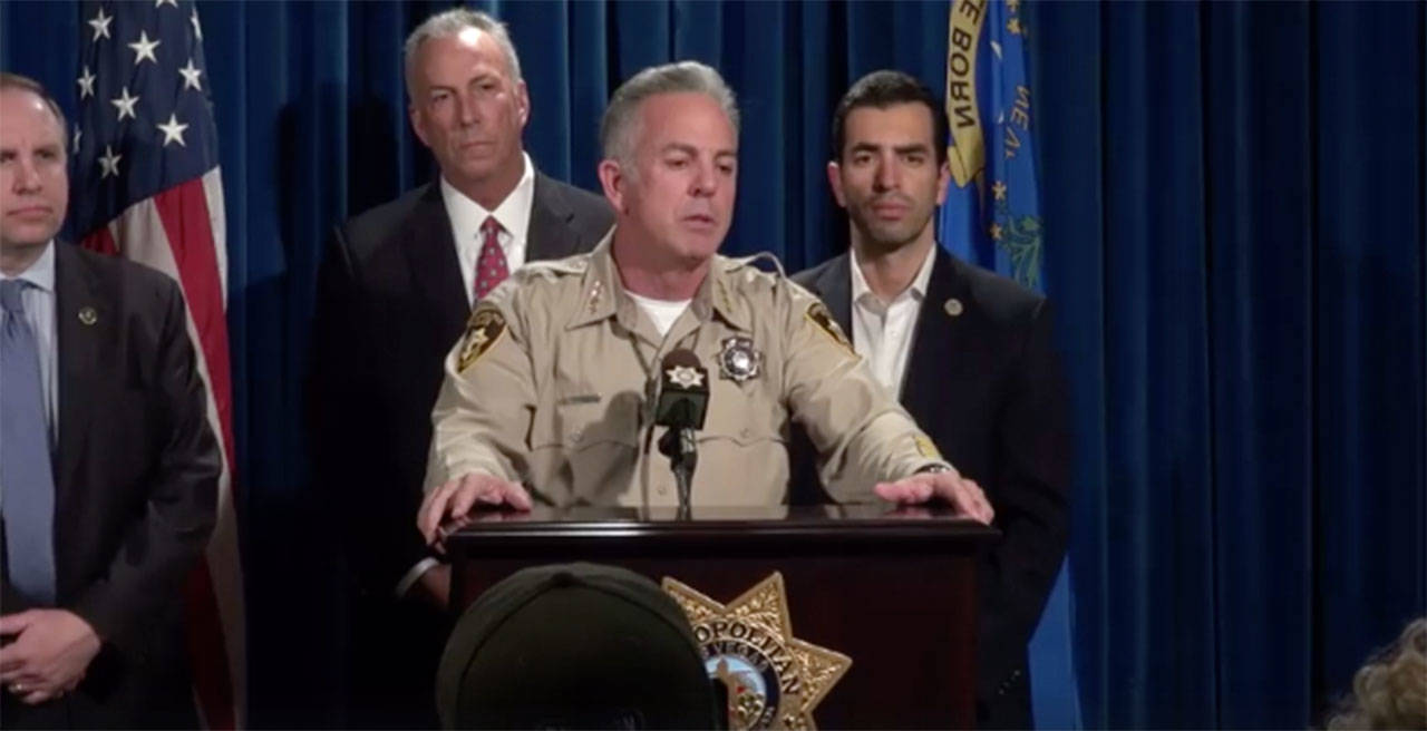 Las Vegas Metropolitan Police Department Sheriff Joe Lombardo said at 10 a.m. Oct. 2 that at least 58 people have died and 515 people were injured. There was only one attacker, and his motive was unknown. (Las Vegas Metropolitan Police Department via Facebook)