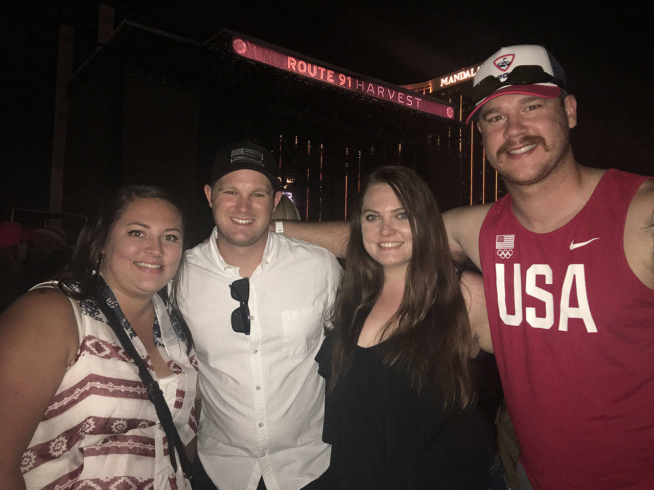 Photo courtesy of Ali Pendergrass. Ali Pendergrass, Nick Pendergrass, Alicia Hounsley and Tyler Hickman pose for a photo outside the Route 91 Harvest music festival, moments before a gunman opened fire on the crowd of concertgoers killing 59 and injuring 527.