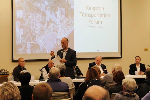County Commissioner Rob Gelder moderates a transportation forum in Kingston Oct. 25. (Nick Twietmeyer/Kitsap News Group)
