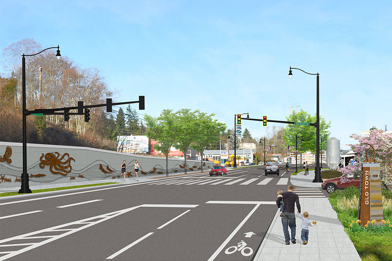 When completed, the latest segment of the Silverdale Way road improvement project will result in a five-lane roadway, five-foot bike lanes, six-foot planter areas, eight-foot sidewalks, new street lighting, and a new traffic signal at NW Byron Street and Silverdale Way NW. (Kitsap County Public Works)