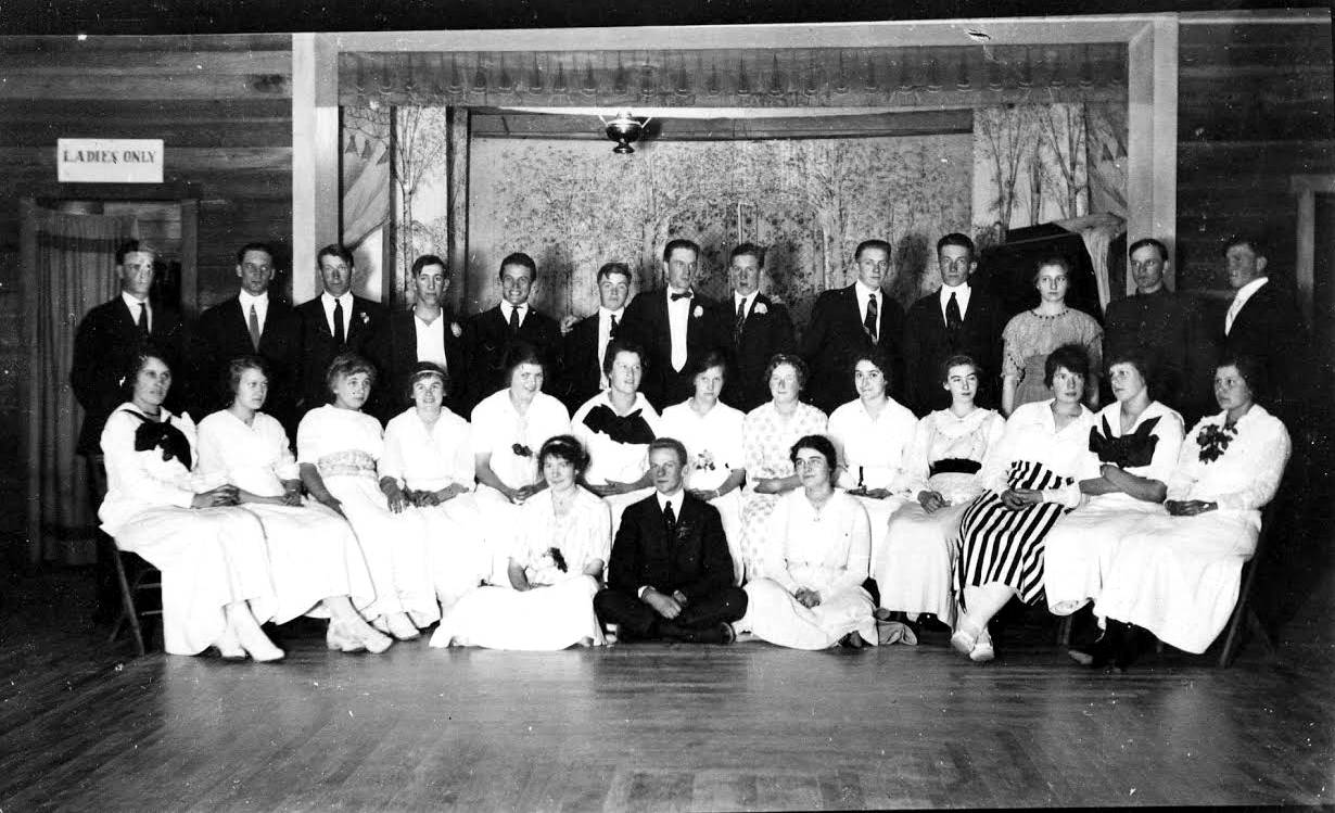 The Silverdale High School Class of 1915 poses for a class photo in the Silverdale Community Hall, upstairs from Emel’s Livery Stable. Central Kitsap History Club