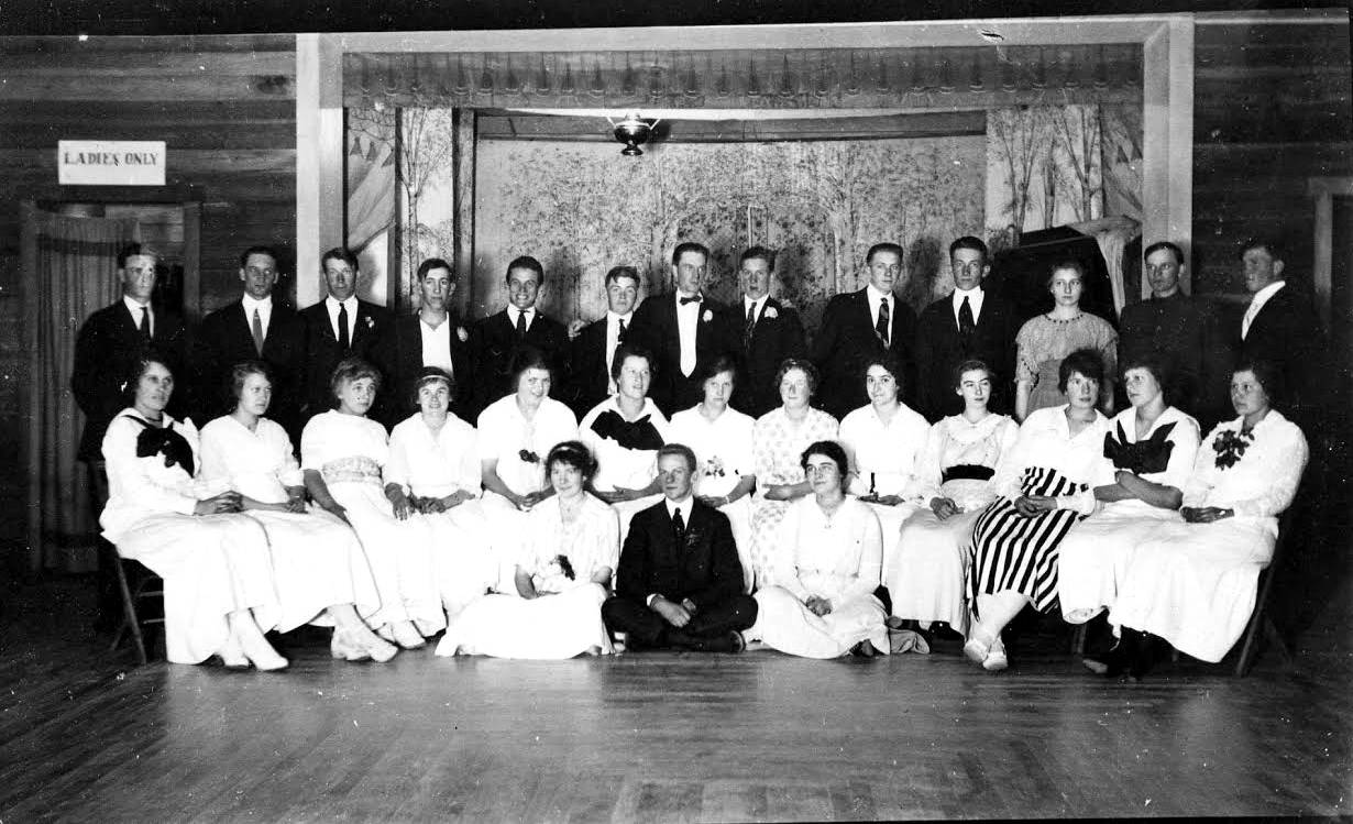 The Silverdale High School Class of 1915 poses for a class photo in the Silverdale Community Hall, upstairs from Emel’s Livery Stable. Central Kitsap History Club