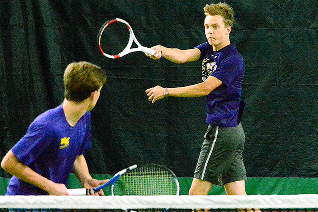 North Kitsap’s Nate Blanchard and Justus Jagodzinske in action during their opening round match at the West Central District 2A doubles tournament on Oct. 27. The duo won the district championship.  Mark Krulish/Kitsap News Group