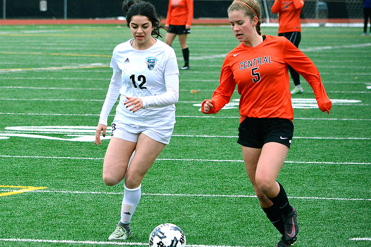 Central Kitsap’s Marielle Arnold (5) tries to beat Bonney Lake’s Isabella Sajjadi to the ball during a district game on Nov. 4. Central Kitsap’s season came to an end with a 3-2 loss. (Mark Krulish/Kitsap News Group)