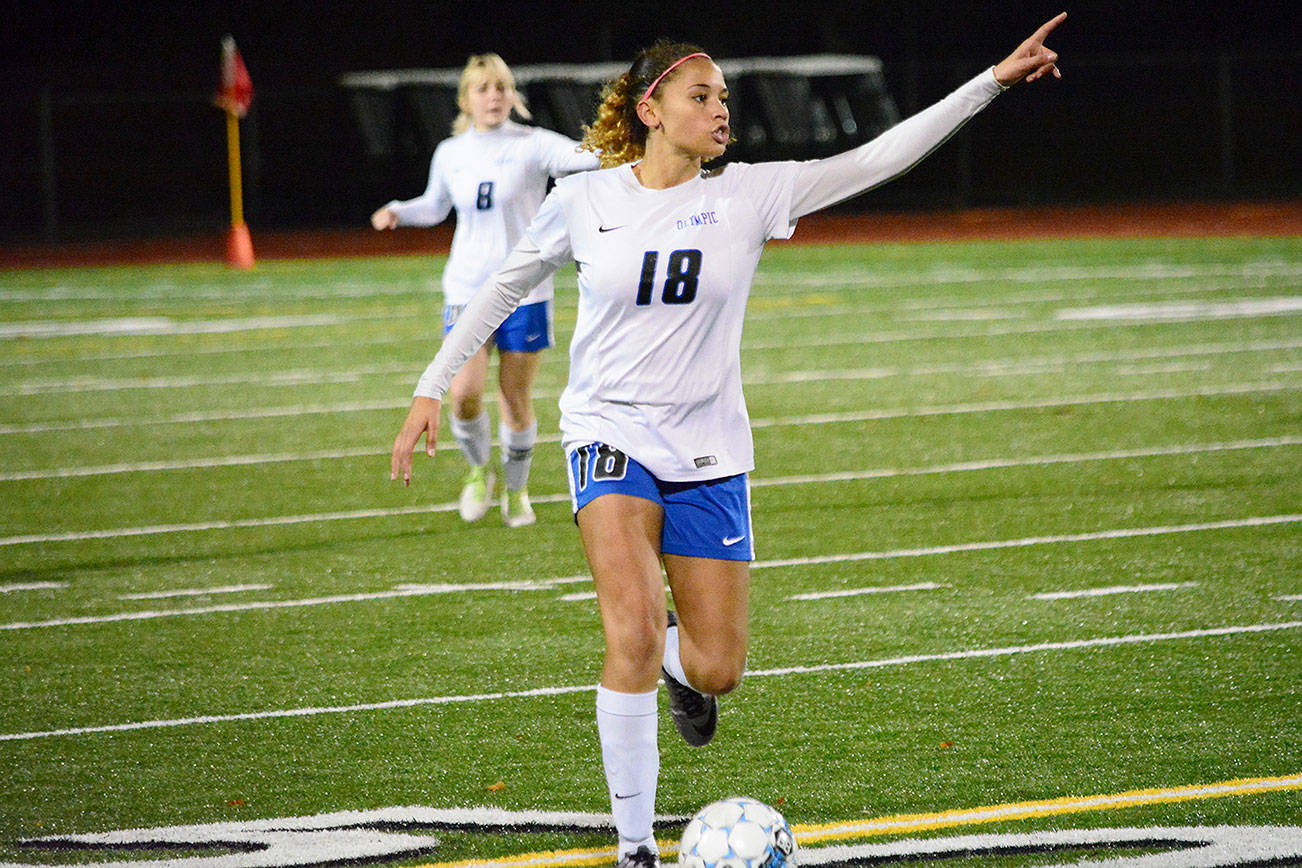Olympic midfielder Saoirse Brown directs the attack during the first round state playoff game against Bellingham.                                Mark Krulish / Kitsap News Group