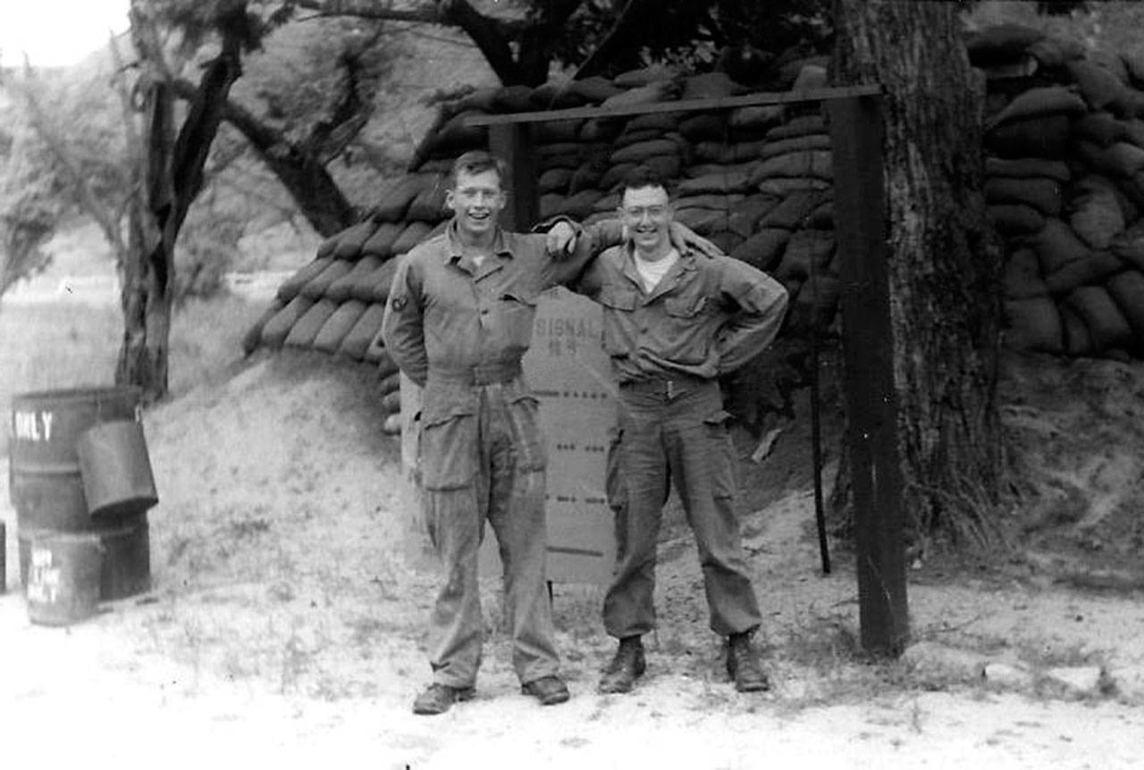 Poulsbo pals Edward Iversen, USAF, and Bob McClelland, U.S. Army, meet in Korea in 1953. (Contributed photo)