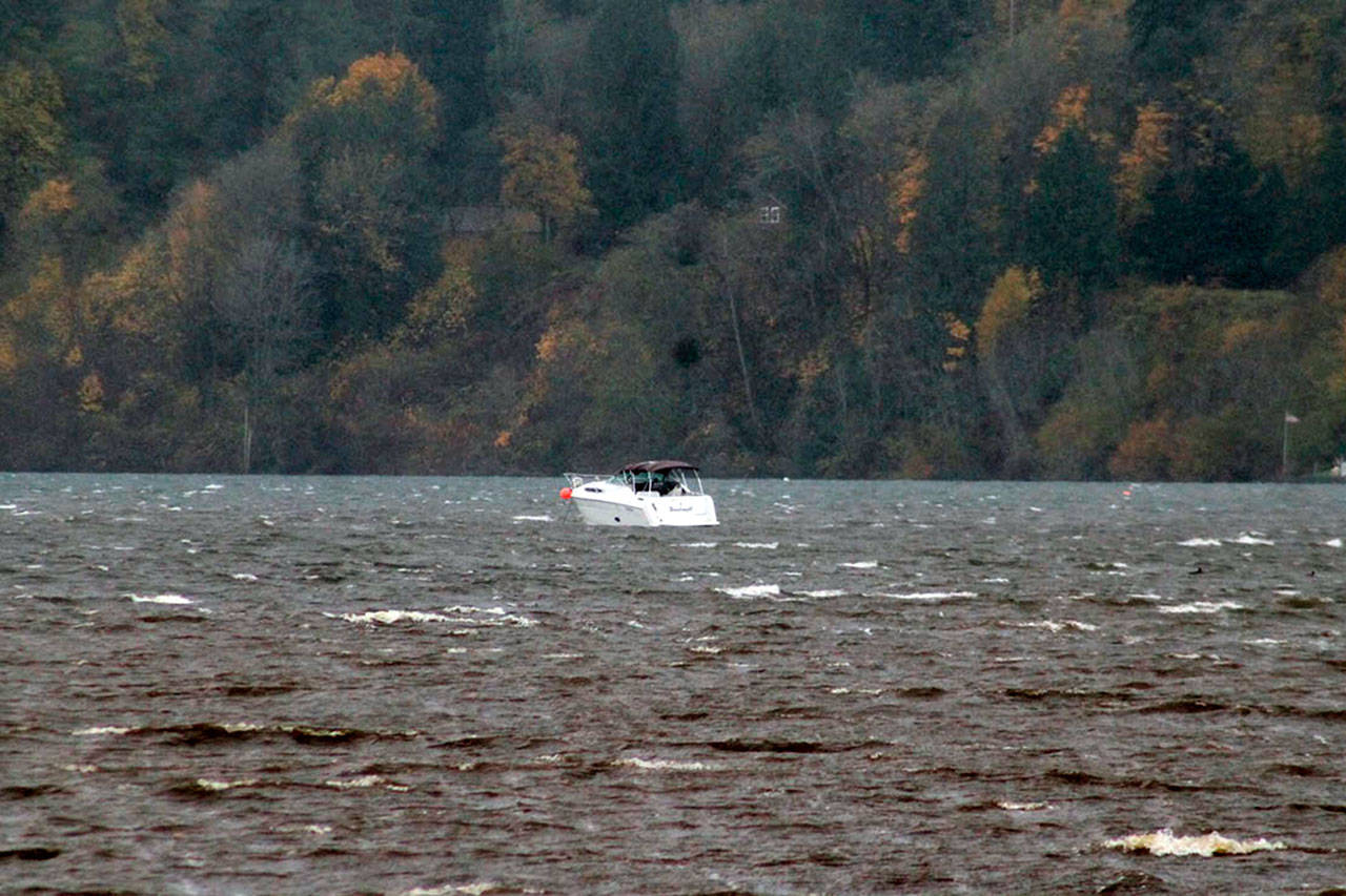 This pleasure craft drifted before its anchor reset itself in the shallows of northern Liberty Bay, Nov. 13. (Nick Twietmeyer/Kitsap News Group)