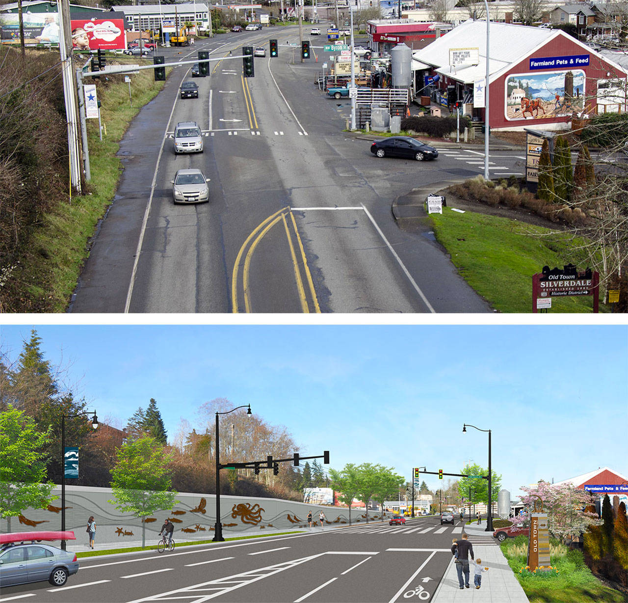 &lt;em&gt;The Silverdale Way road improvement project will take Silverdale Way and Byron Street from this (top) to this (bottom). But business leaders want to minimize the impacts on Old Town businesses while the project is underway.&lt;/em&gt;                                Kitsap County Public Works