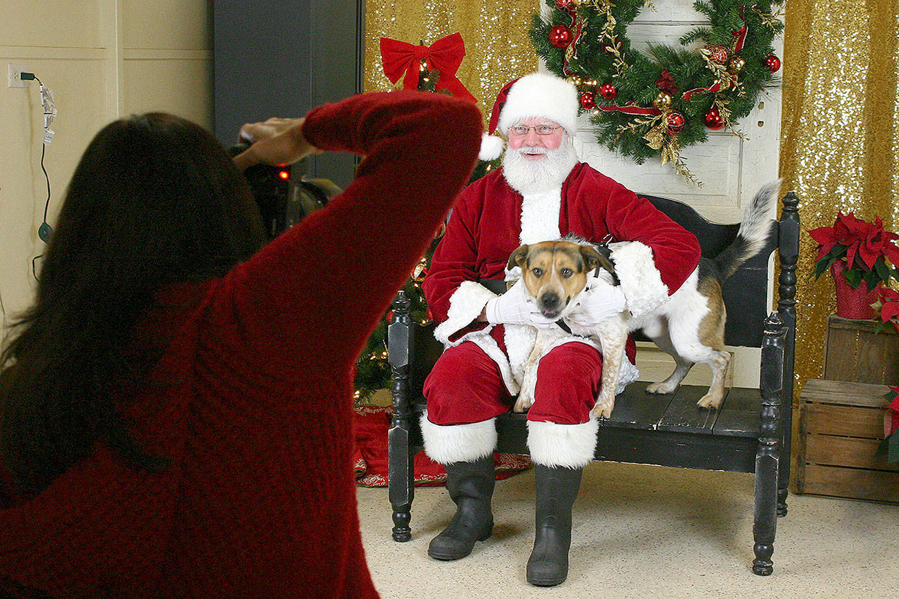 Mary Eklund, left, of Four Foot Photography photographs Santa Jeff Berger with a dog at Kitsap Humane Society’s Santa Paws event Dec. 11. &lt;em&gt;Michelle Beahm / Kitsap News Group file photo&lt;/em&gt;