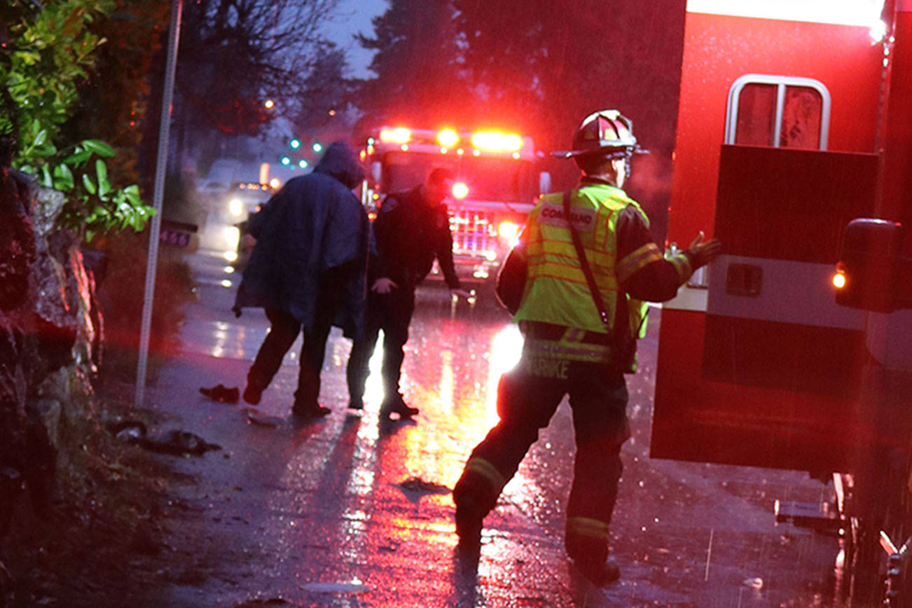 A pedestrian was struck by a vehicle at Hostmark Street and Caldart Avenue around 9 a.m. today. It’s the second time in four days that a pedestrian was struck by a vehicle in Poulsbo. (Jody Matson/Poulsbo Fire Department Facebook)
