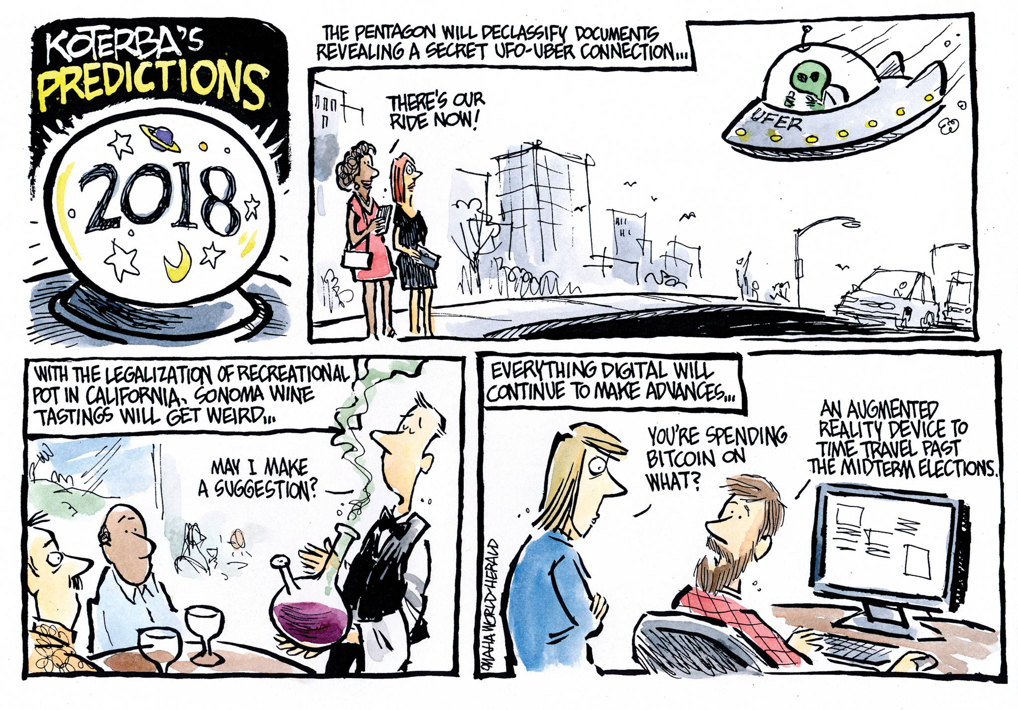 Omaha World Herald cartoonist Jeff Koterba’s predictions for 2018. (Cagle Cartoons)