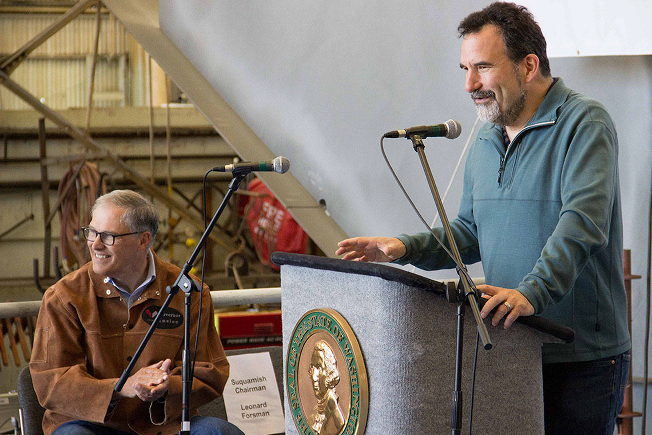 Suquamish Tribe Chairman Leonard Forsman speaks about the rich cultural and maritime history of the Suquamish people at the keel-laying ceremony for the MV Suquamish, May 9, 2016. The Suquamish, the newest state ferry, was christened on Jan. 4. Nearly all the contemporary Washington State Ferries system routes traverse historically documented Suquamish canoe travel corridors. (Washington State Ferries photo)