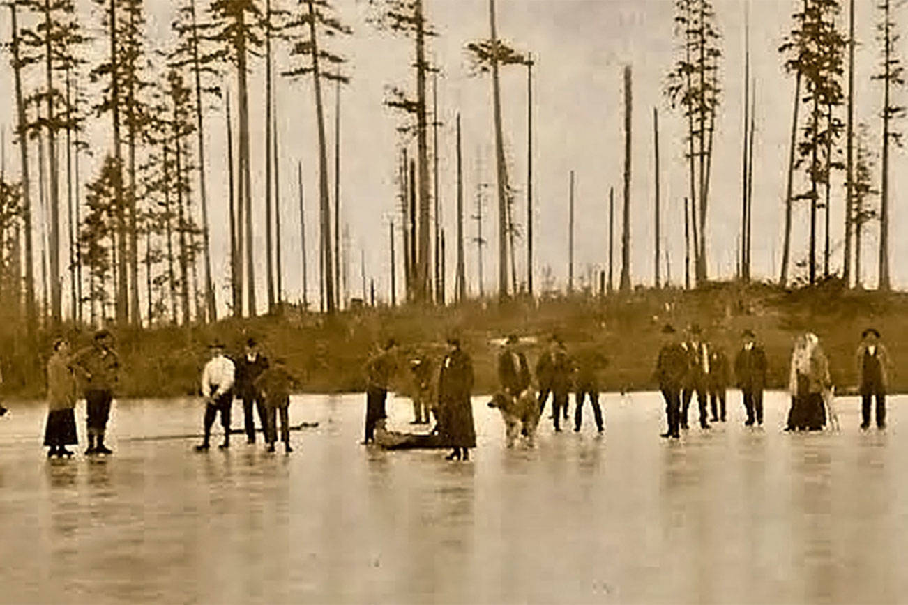 When Buck Lake froze over for a week or two in the 1930s and 1940s, some Hansvillites ice skated till midnight. (Photo courtesy of Lyn Peterson)