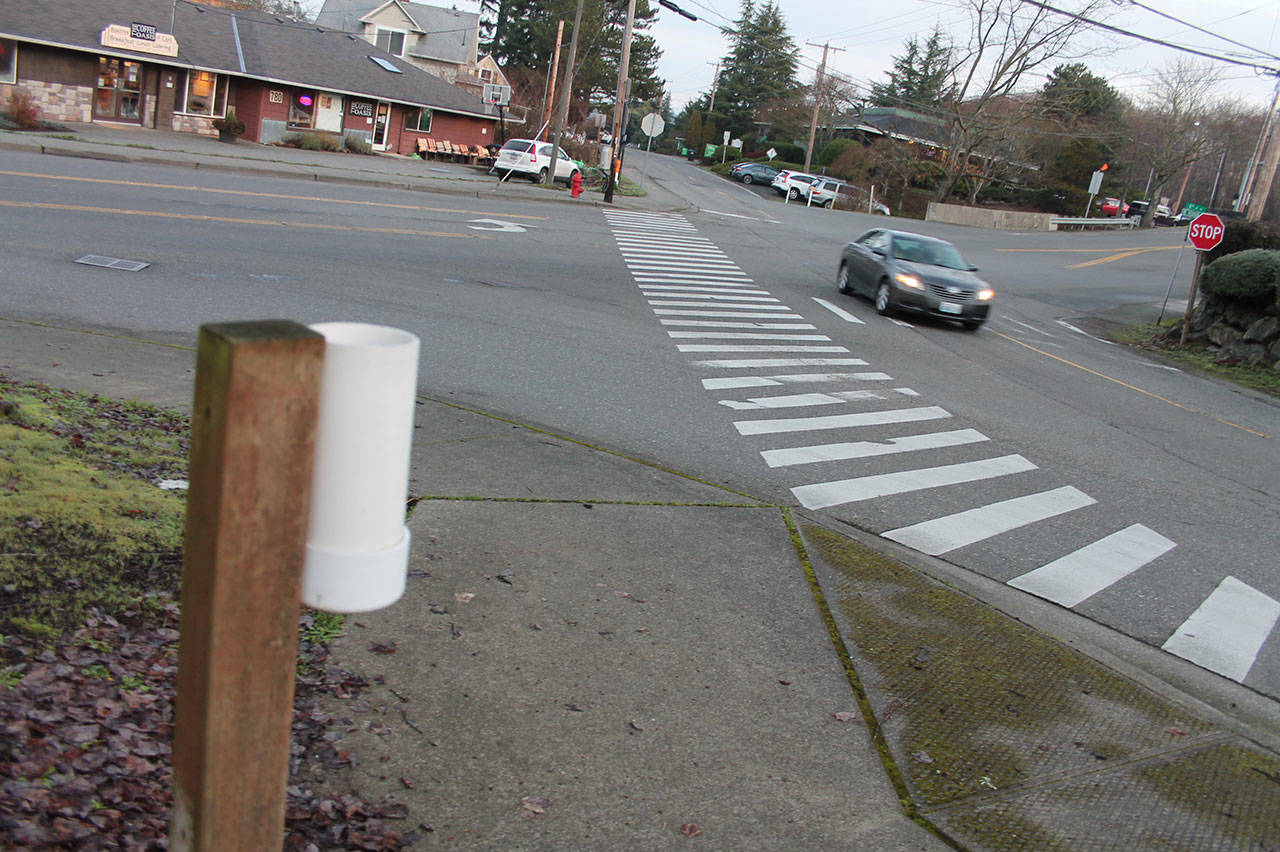 At 7:30 a.m. Jan. 15, crosswalk signage near the crosswalk at the intersection of 8th Avenue and Iverson Street was not visible to motorists because it was on its side and chained to a bolt in the ground. On one side of the street, a holder for pedestrian flags was empty. (Richard Walker/Kitsap News Group)