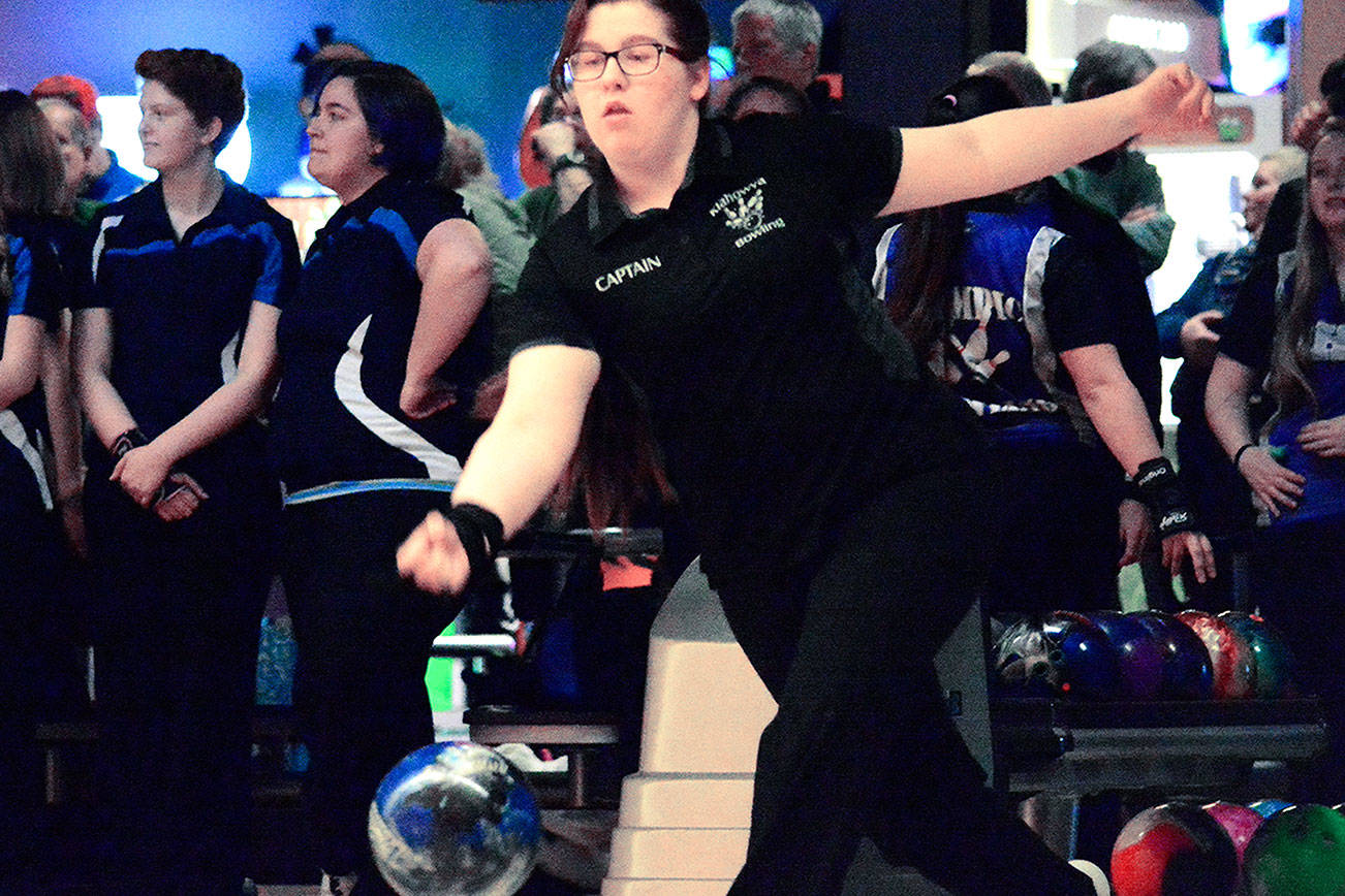 Briana Kennard, of Klahowya, served as the anchor for her team during the Baker games. The Eagles won the team title with 2,859 pins. (Mark Krulish/Kitsap News Group)