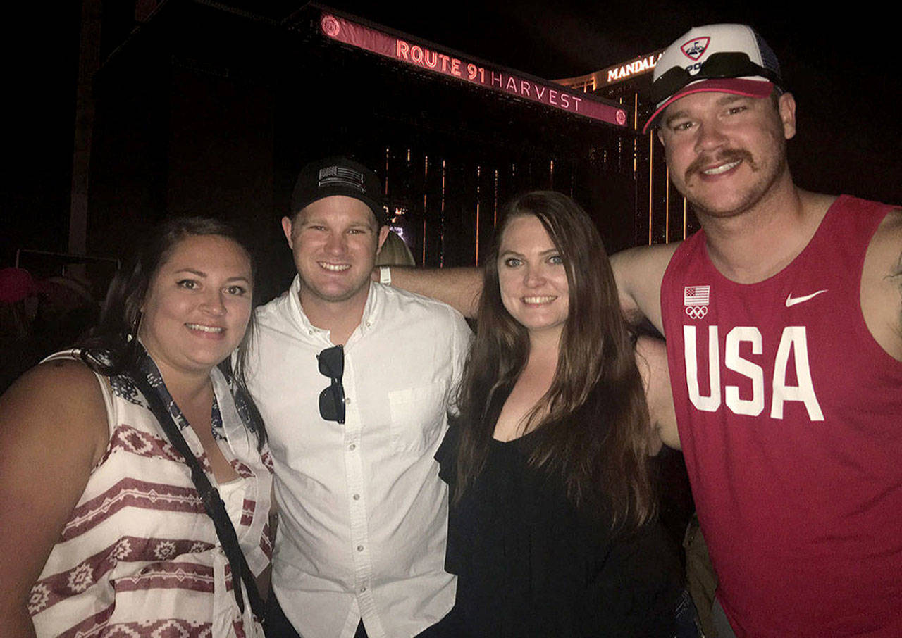 &lt;em&gt;From left, Bremertonians Ali Pendergrass, Nick Pendergrass, Alicia Hounsley and Tyler Hickman pose for a photo outside the Route 91 Harvest Music Festival in Las Vegas, moments before a gunman opened fire on the crowd of concertgoers, killing 58 and injuring more than 520. They assisted the injured. &lt;/em&gt;Ali Pendergrass/Courtesy