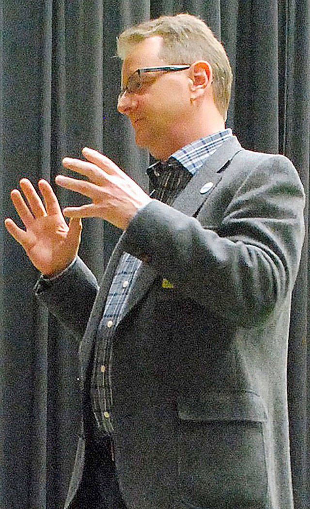 Mayor Rob Putaansuu answers questions from Marcus Whitman Middle School seventh graders. (Bob Smith | Kitsap Daily News)