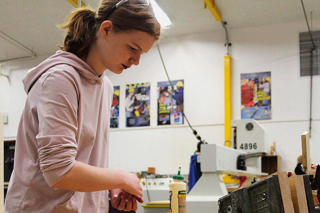 Sophomore Emma Higgs works on a CTE project during a Jan. 30 after-school session at North Kitsap High School. (Jacob Moore/Kitsap News Group)