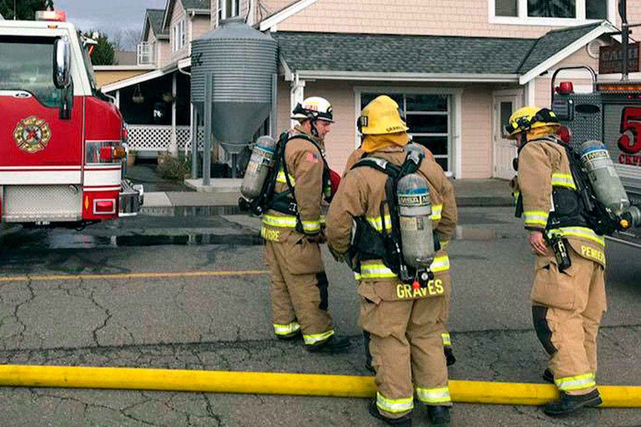 Firefighters from Central Kitsap Fire Rescue and Navy Federal Fire contained a fire at Cash Brewing to the inside of a wall, Feb. 6. (CKFR photo)