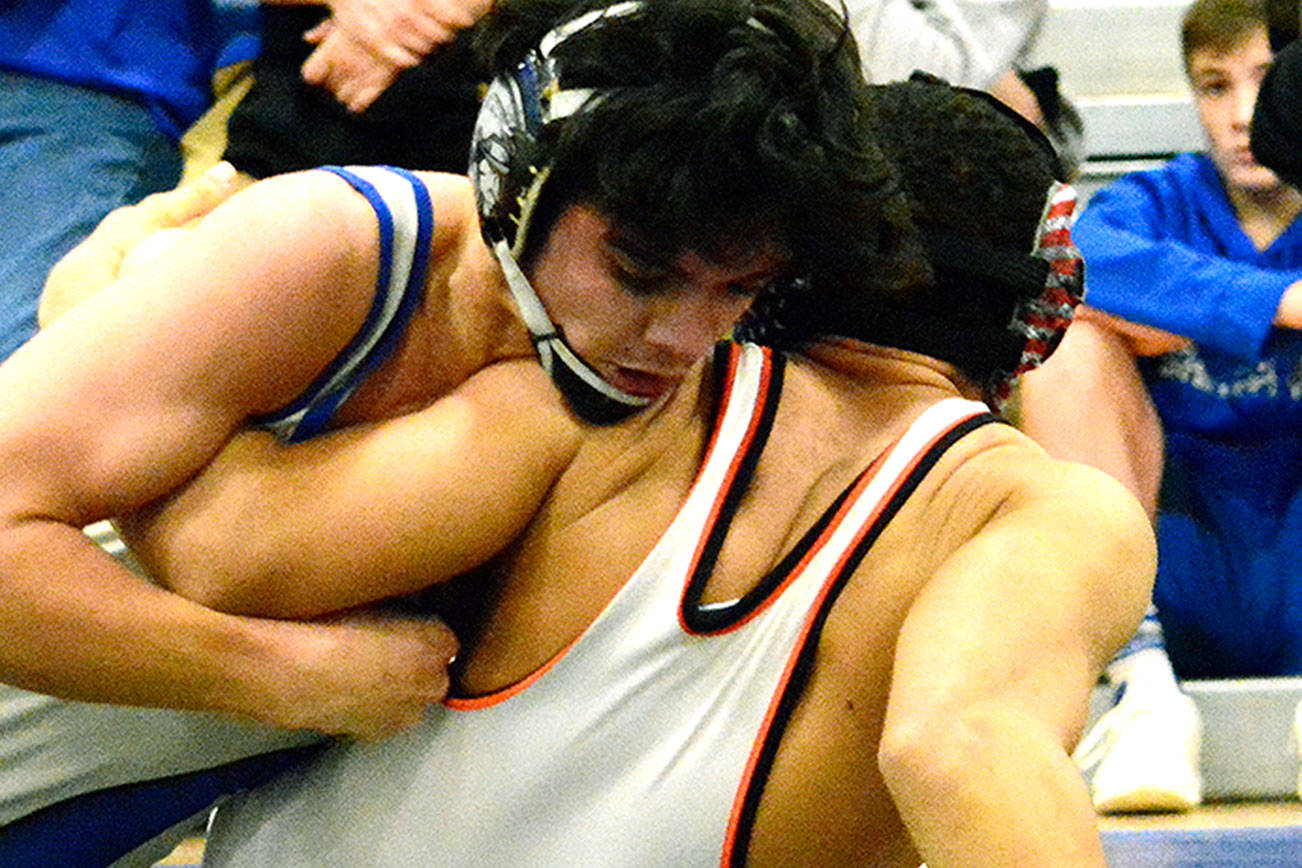 Olympic’s Alec Acfalle won a major decision against Caleb Bullard, of Blaine, in the 138 finals at the 2A Region 2 tournament on Feb. 10. (Mark Krulish/Kitsap News Group)