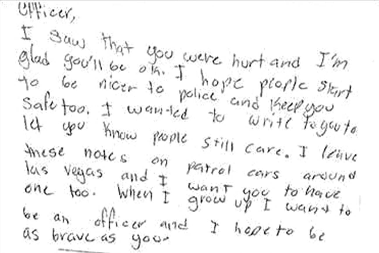 &lt;em&gt;This week, Officer Kent Mayfield, who is recovering from gunshot wounds received Dec. 17, received this note of encouragement from Jake Rieger, 10, of Las Vegas. &lt;/em&gt;Bremerton Police Department