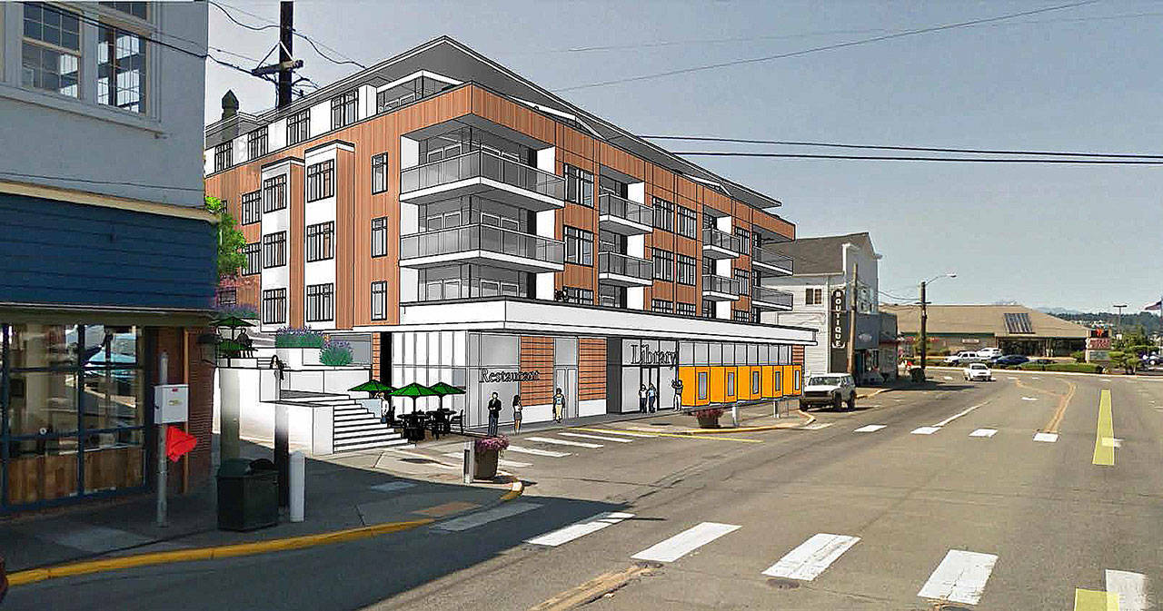 As envisioned by Waterman Investment Partners, its proposed five-story mixed-use development would front three streets: Bay (as shown in the illustration), Frederick and Prospect streets. (RiceFergusMiller illustration)