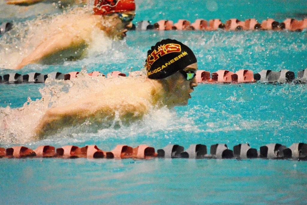Kingston’s Tim Gallagher won four state championships — two as an individual and two as part of relay teams — at the state swim meet. The Buccaneers finished third overall.​ (Mark Krulish/Kitsap News Group)