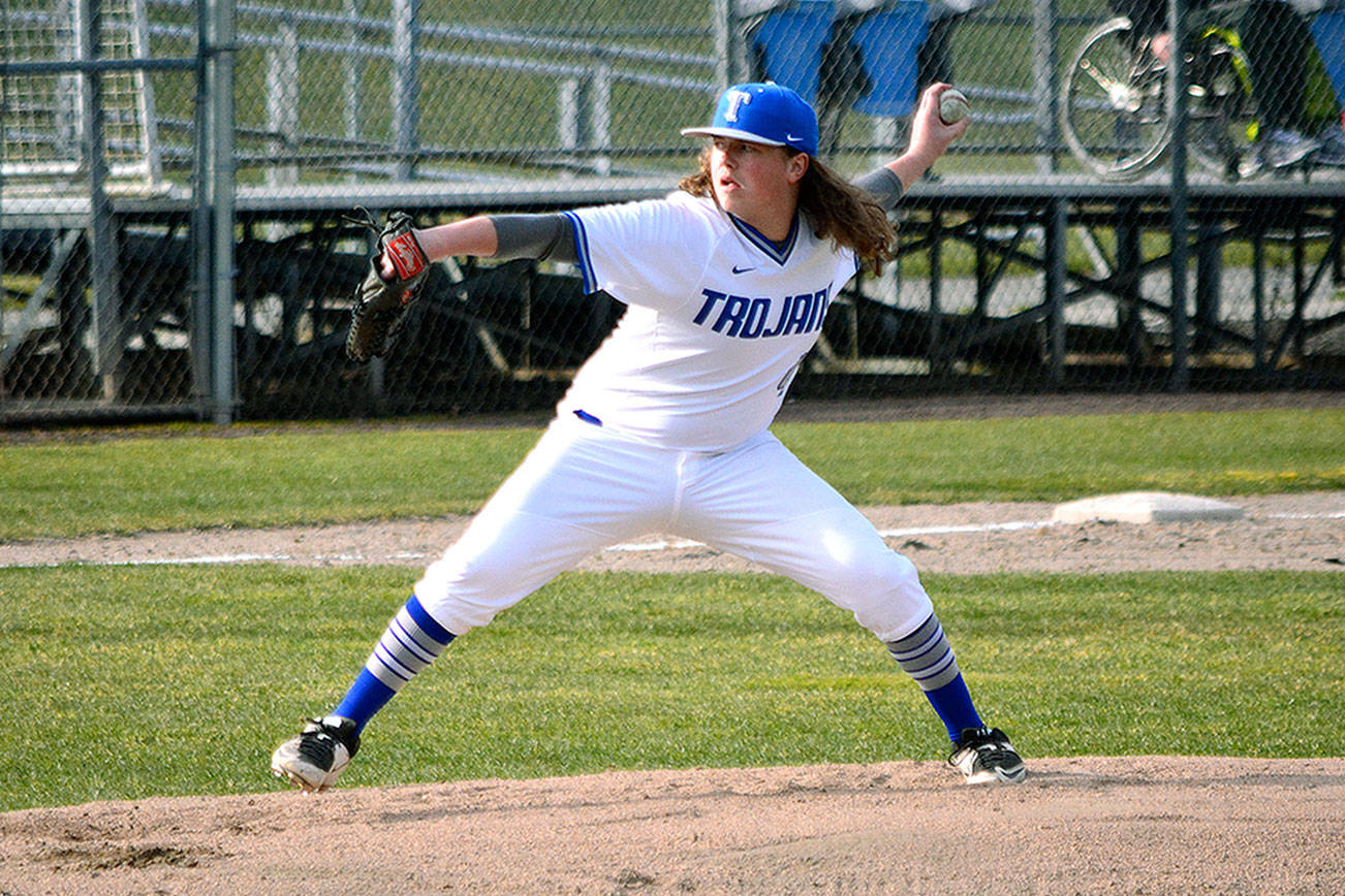 Logan O’Neil pitched three innings for the Trojans and also went 2-for-4 at the plate with two doubles. (Mark Krulish/Kitsap News Group)