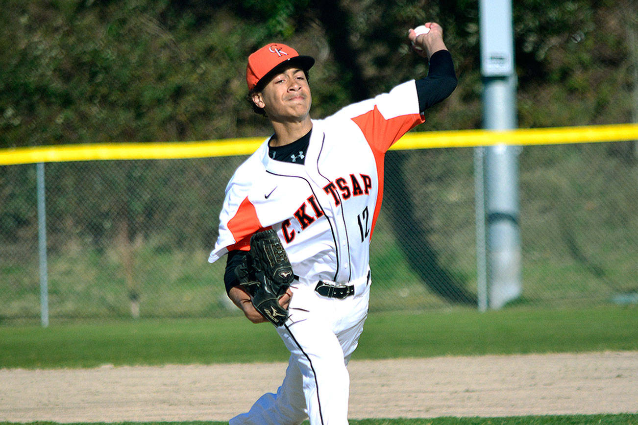 Owen Davies worked the first three innings in Central Kitsap’s 4-2 loss to Bainbridge on March 14. (Mark Krulish/Kitsap News Group)