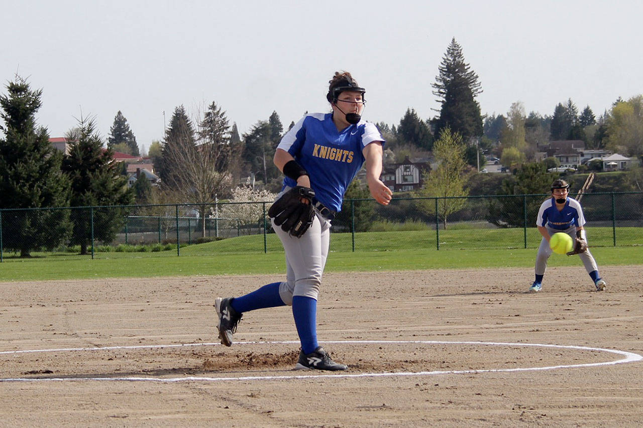 Knights freshman pitcher Mia Falotico throws a first inning pitch during the April 9 game against Kingston. Bremerton won 10-8. Jacob Moore | Kitsap Daily News