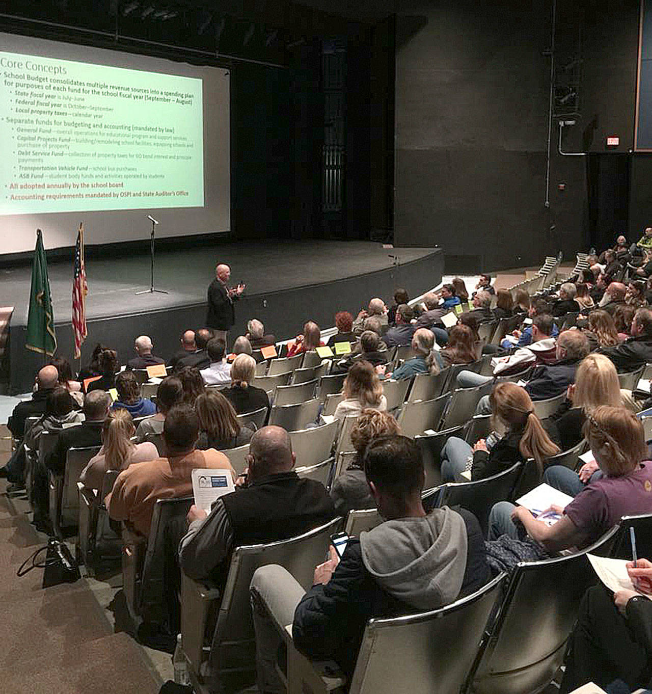 A capacity audience at South Kitsap High’s auditorium March 28 took part in a forum organized by South Kitsap School District to provide community members an overview of the state of the district’s facilities and an opportunity to provide school leaders with input. (SKSD photo)
