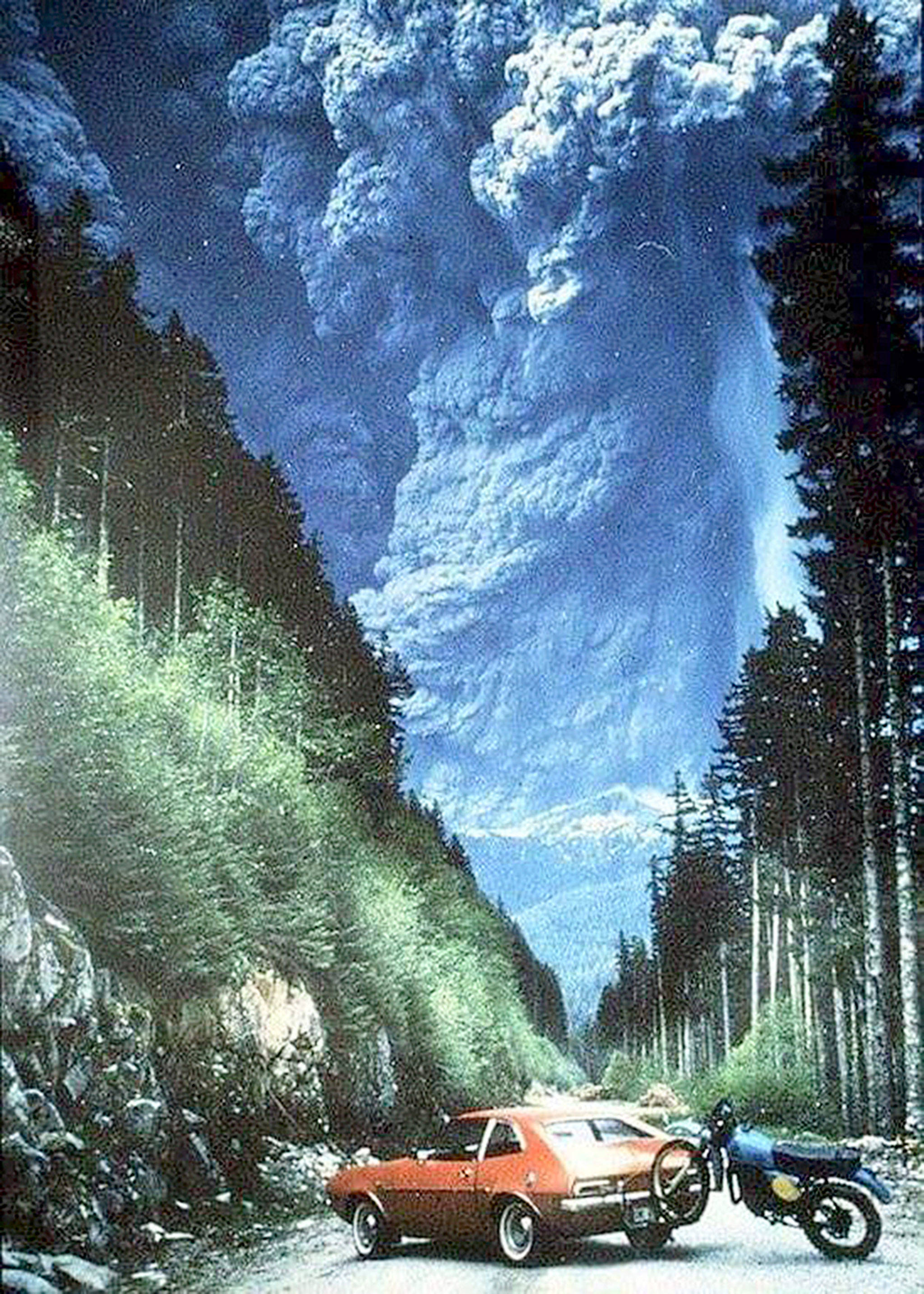 This photo of an erupting Mount St. Helens has been published and viewed widely on television over the years since the billowing plume dumped untold tons of powered volcanic ash over a dozen states. The photo was posted May 18 — the 38th anniversary of Mount St. Helens’ eruption — on Facebook by Michael S. Keys, whose good friend took the photo of the erupting volcano with his car and hitched motorcycle in the foreground. (posted by Michael S. Keys on Facebook)