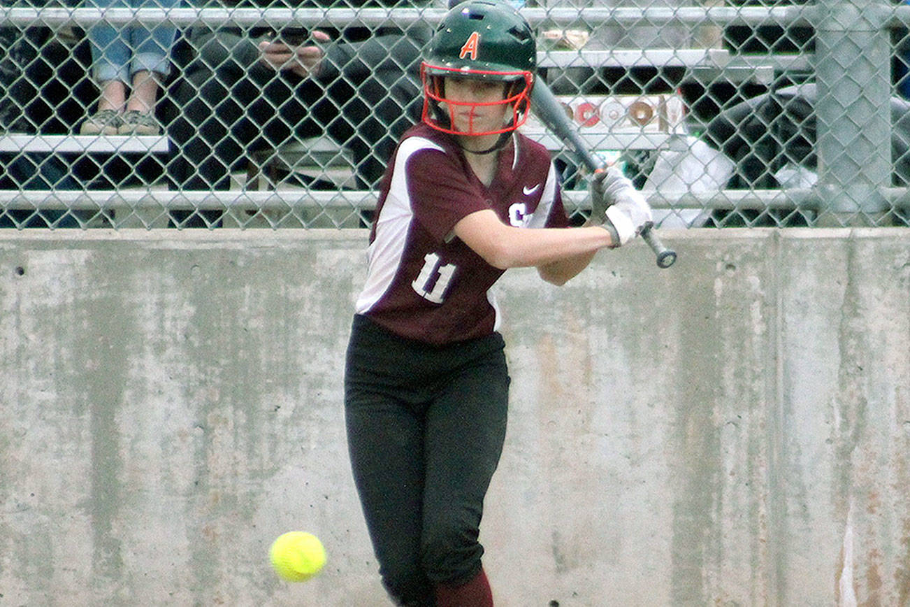 South Kitsap freshman Marisol Bergstrom looks to slap the ball to left during the district game against Federal Way. (Mark Krulish | Kitsap Daily News)                                 Mark Krulish | Kitsap Daily News                                South Kitsap freshman Marisol Bergstrom looks to slap the ball to left during the Wolves’ district game against Federal Way May 18.