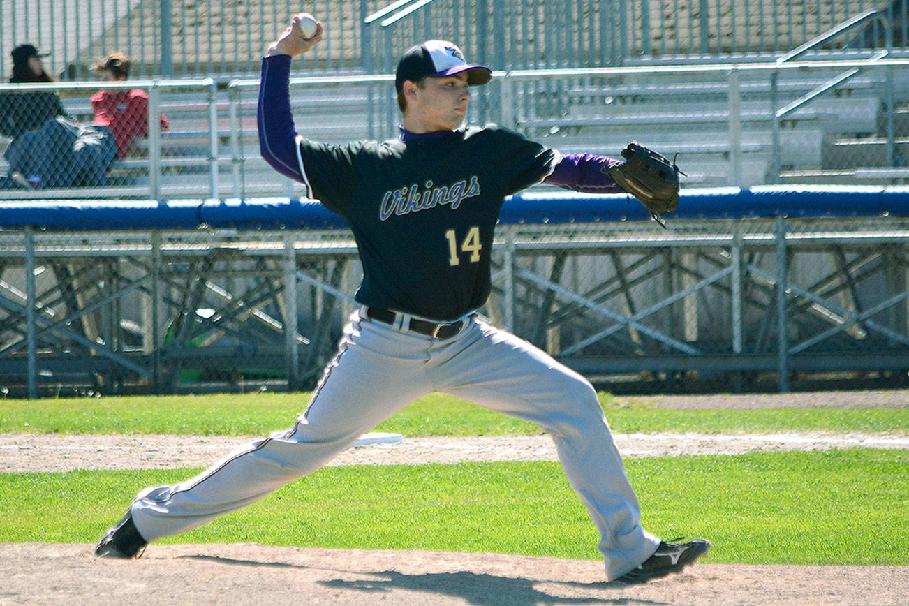 Jordan Robbins, shown here pitching in the district tournament, is one of three seniors graduating from the North Kitsap baseball team this spring. (Mark Krulish/Kitsap News Group)