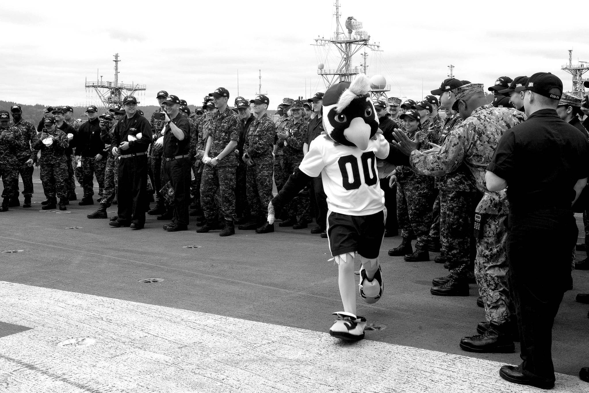The Seattle Seahawks football team mascot, Boom, greets Sailors aboard the aircraft carrier USS John C. Stennis (CVN 74). Stennis is pier-side after returning to homeport after the completion of a seven-week underway where the ship’s crew completed TSTA/FEP early and Carrier Strike Group 3 Group Sail in preparation for its next scheduled deployment.                                Mass Communication Specialist Seaman Isabel Birchard / U.S. Navy