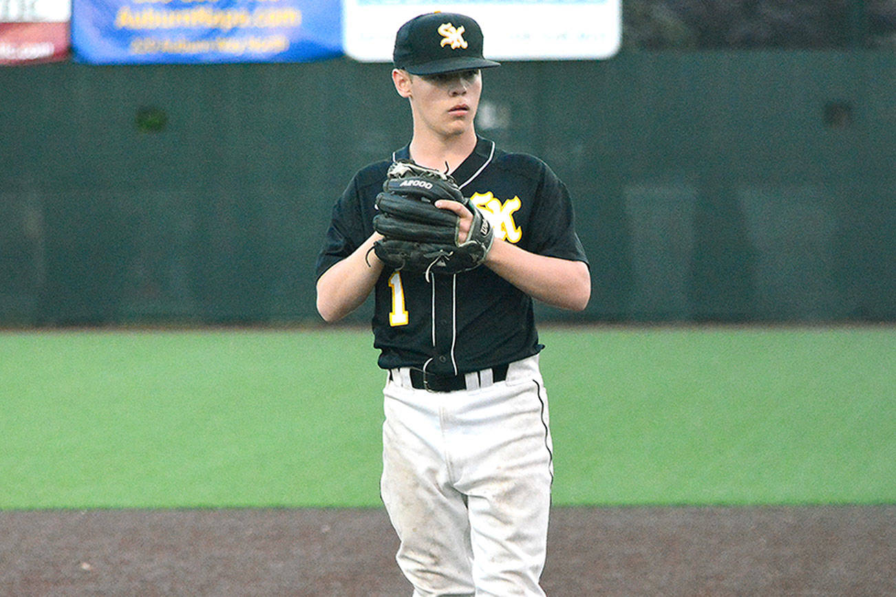 Mark Krulish | Kitsap News Group                                Senior Jason Sauer stands on the mound during his team’s district playoff game against Federal Way.