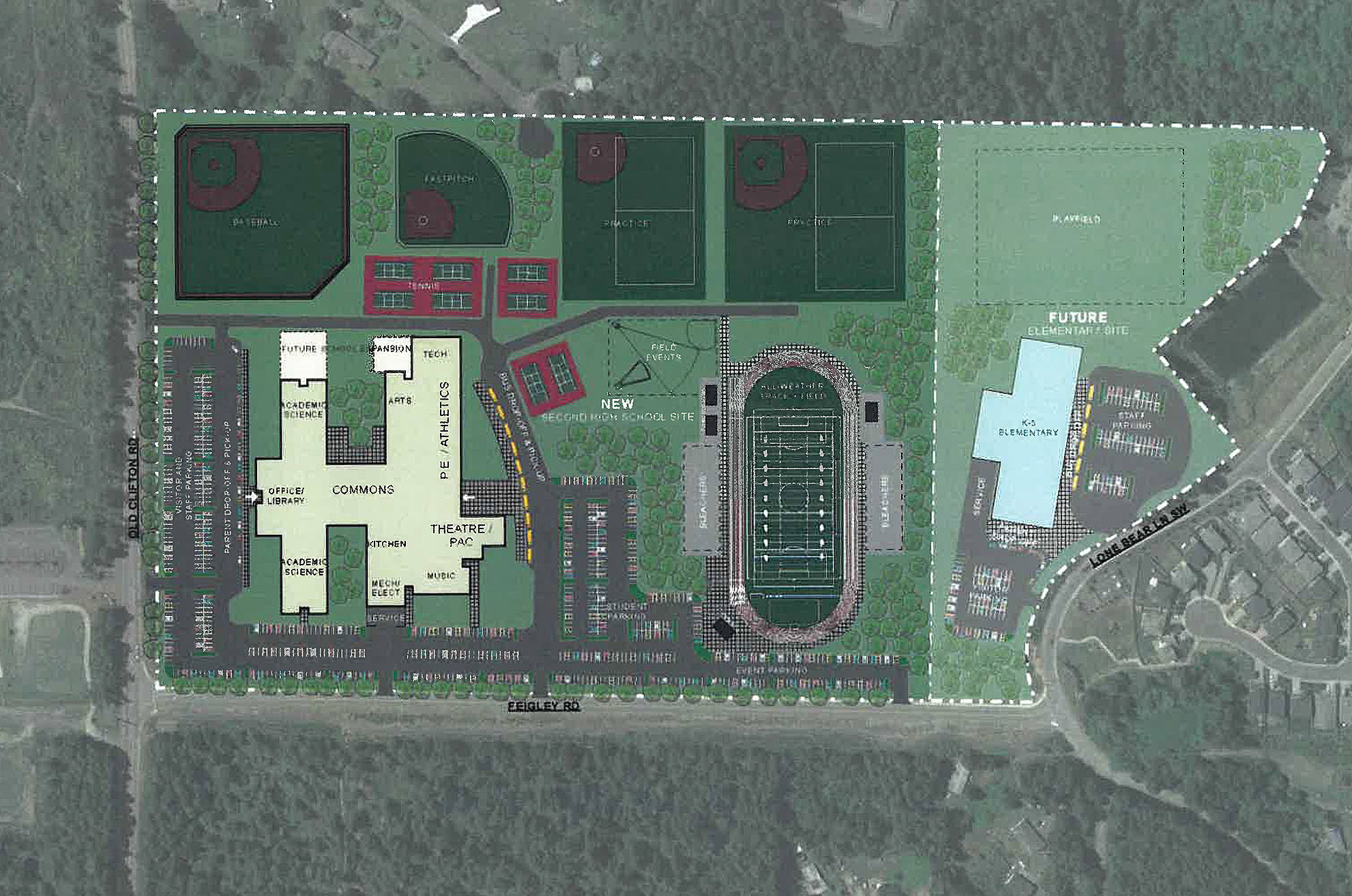 The South Kitsap School District’s board of directors will bring before voters Proposition 1, a $184,680,000 bond measure to construct a new comprehensive high school in November. The district made available at the board meeting July 18 a preliminary concept design of the high school on the district-owned property next to Old Clifton Road. (South Kitsap School District illustration)