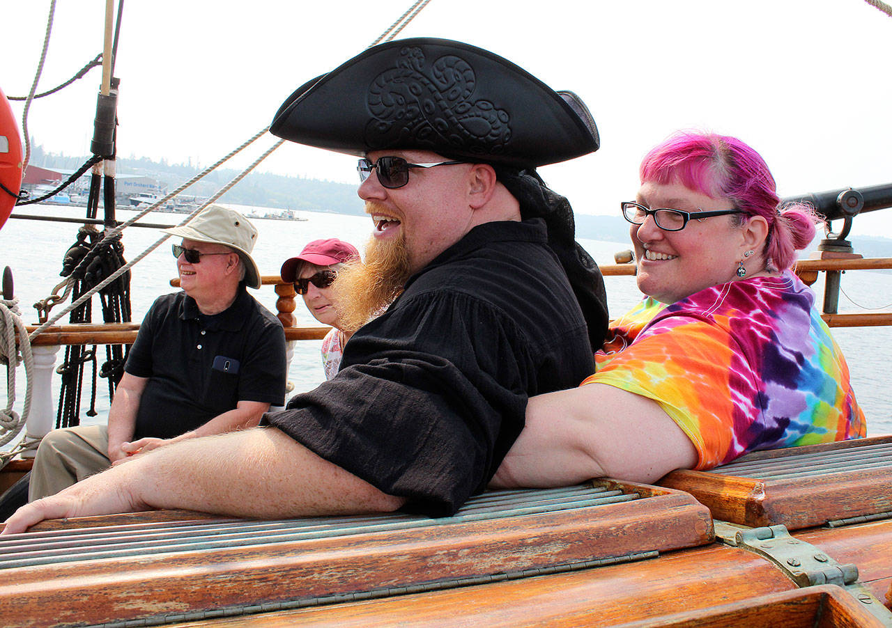 Tim Gage and Theresa Skager of Tacoma are dressed in pirate attire for the voyage. (Bob Smith | Kitsap Daily News photo)