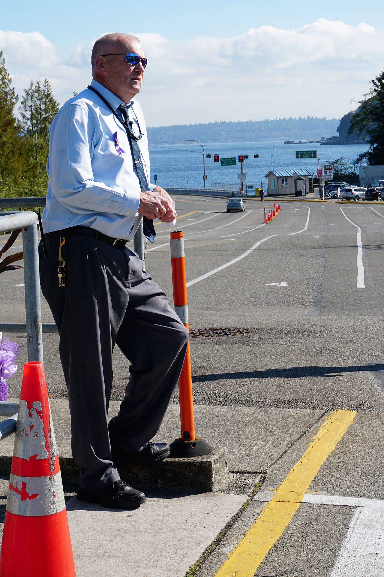Phil Olwell, Washington State Ferries Southworth Terminal supervisor, shares his memories of Katie Phillips at the memorial event. (Bob Smith | Kitsap Daily News)