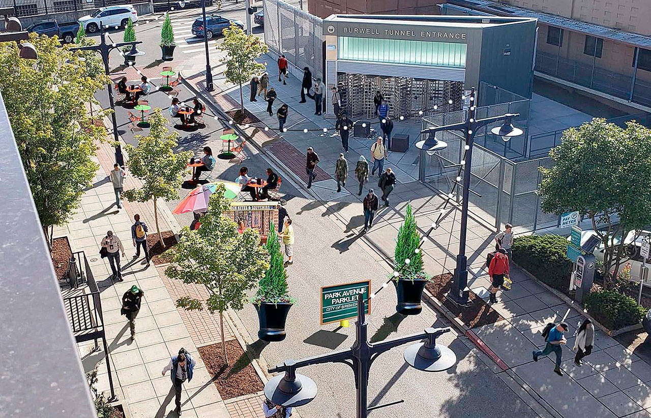 A rendering of a proposed “pocket park” to be built in front of the refurbished Burwell Tunnel entrance in Bremerton. The city is currently seeking public input on the plan. (City of Bremerton)