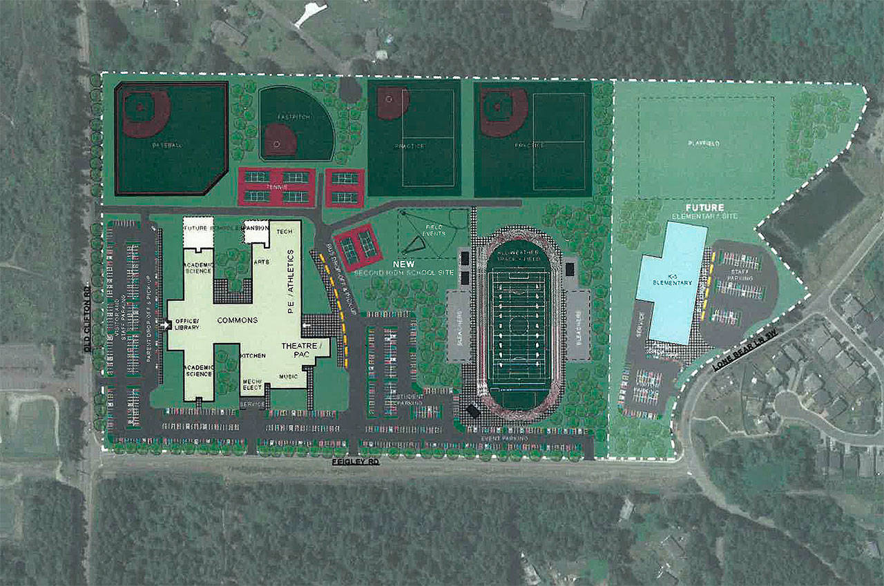 The proposed new high school is to be built on district-owned property next to Old Clifton Road. (South Kitsap School District illustration)