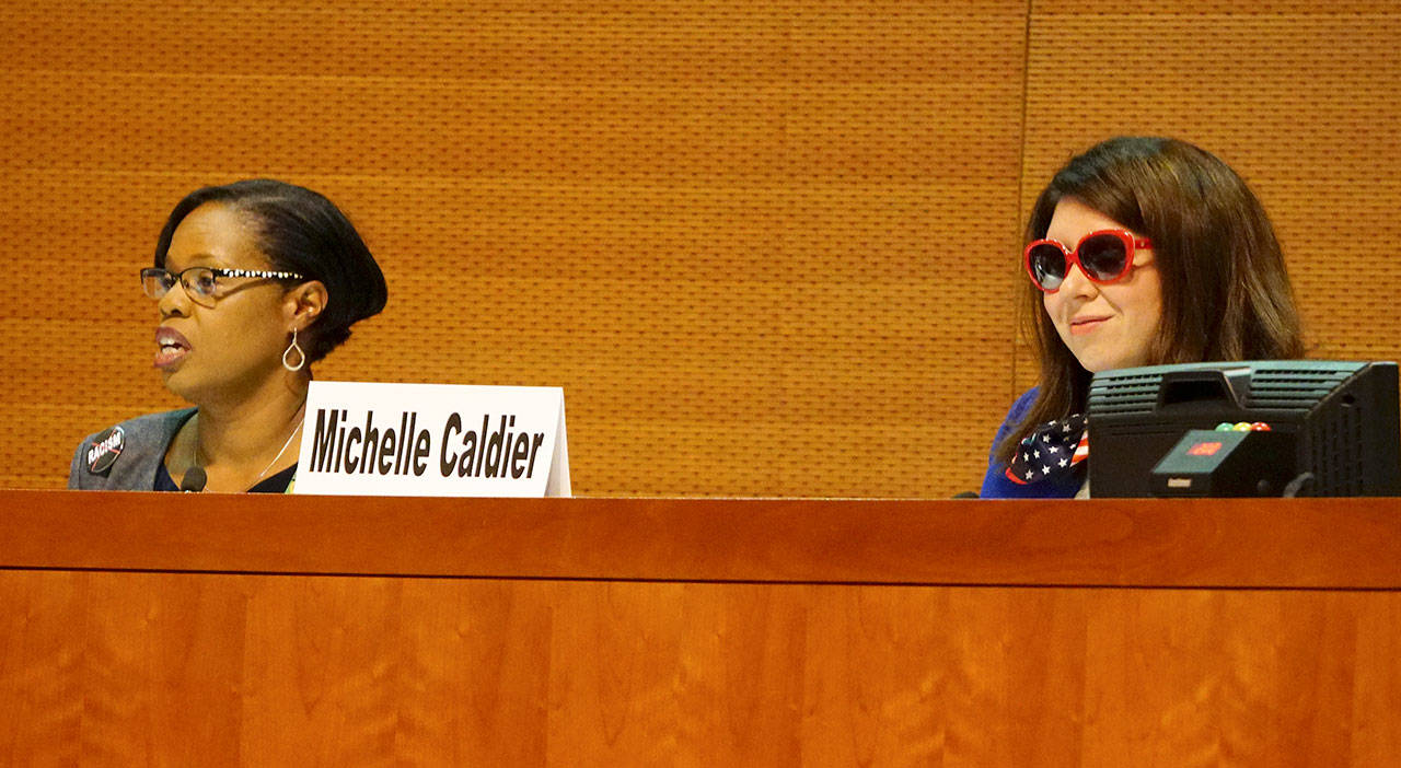 Candidates Joy Stanford, a Democrat, and incumbent Michelle Caldier, a Republican, take part in a candidate forum in the Kitsap County Administration Building conference room earlier this month. (Bob Smith | Kitsap Daily News photo)                                Bob Smith | Independent                                Candidates Joy Stanford (left), a Democrat, and incumbent Michelle Caldier, a Republican, take part in a candidate forum in the Kitsap County Administration Building conference room earlier this month.