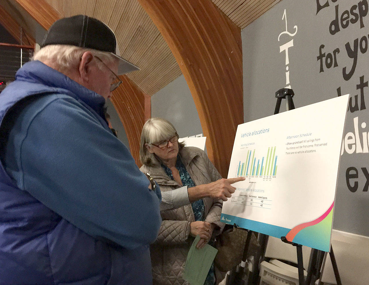 A capacity crowd reviews Washington State Ferries charts detailing a revised sailing schedule for the Triangle sailings among the Southworth, Vashon and Fauntleroy ferry terminals. (Bob Smith | Kitsap Daily News photo)