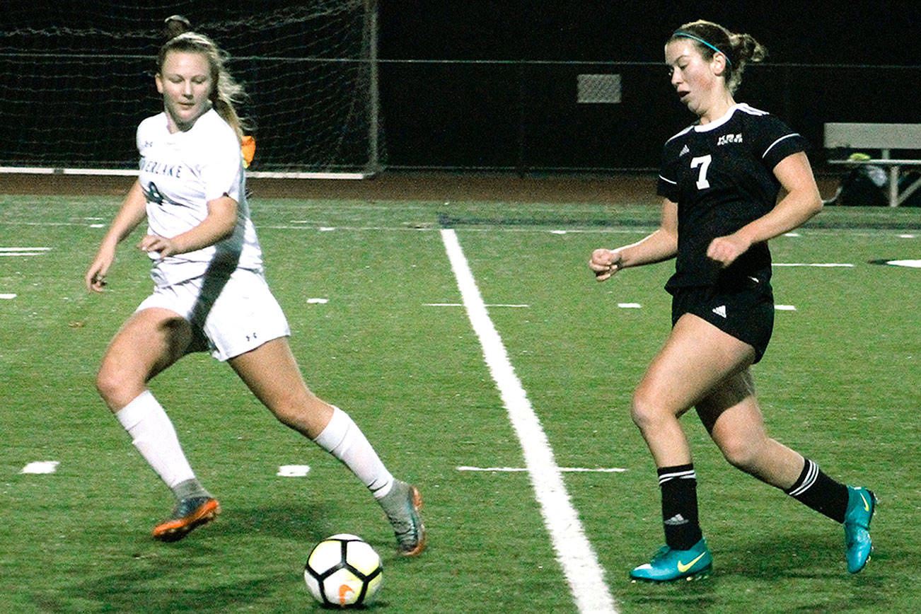 Hope Martin (7) scored the only goal in regulation for Klahowya in its 1A state quarterfinal game. The Eagles won on penalty kicks. (Mark Krulish/Kitsap News Group)