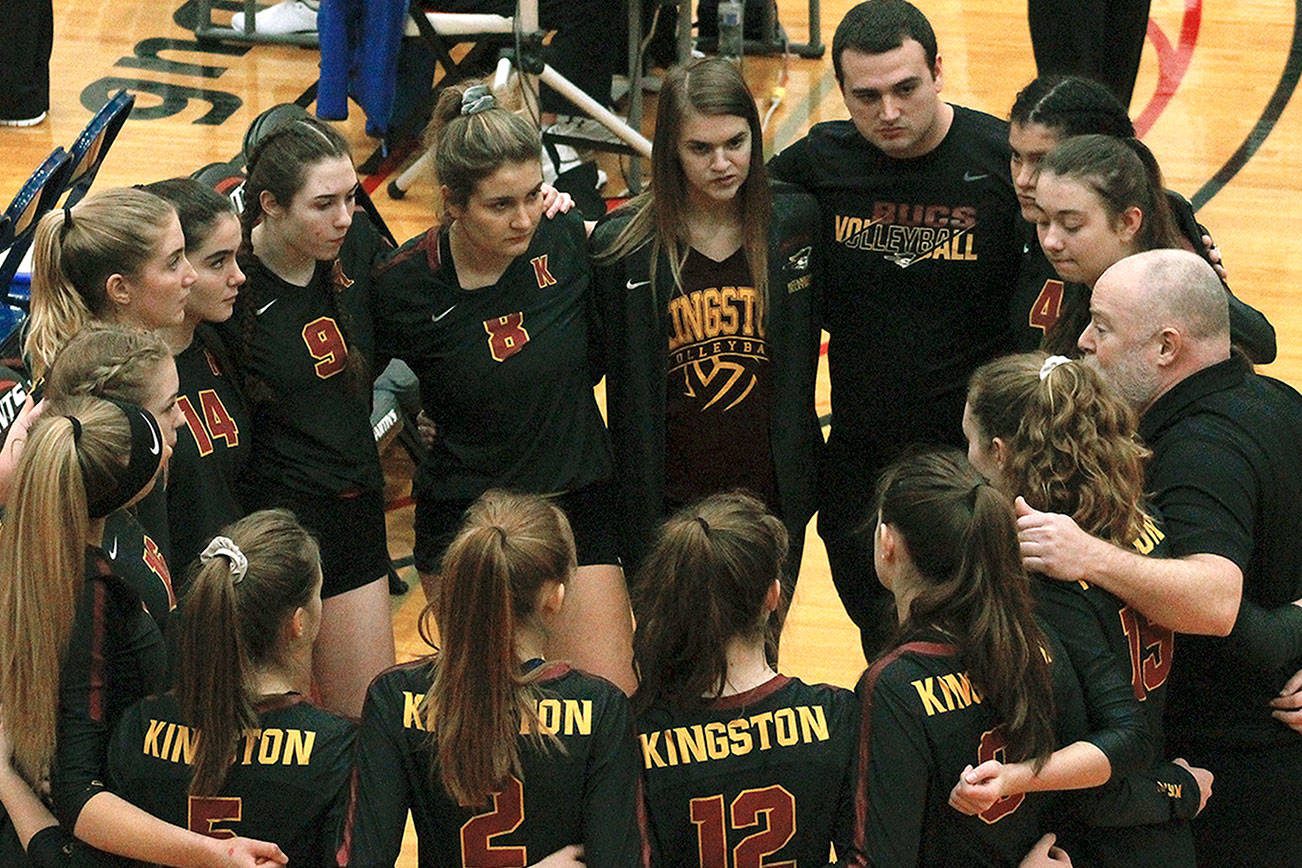 Kingston takes a timeout during its first match against Columbia River at the 2A state tournament. (Mark Krulish/Kitsap News Group)