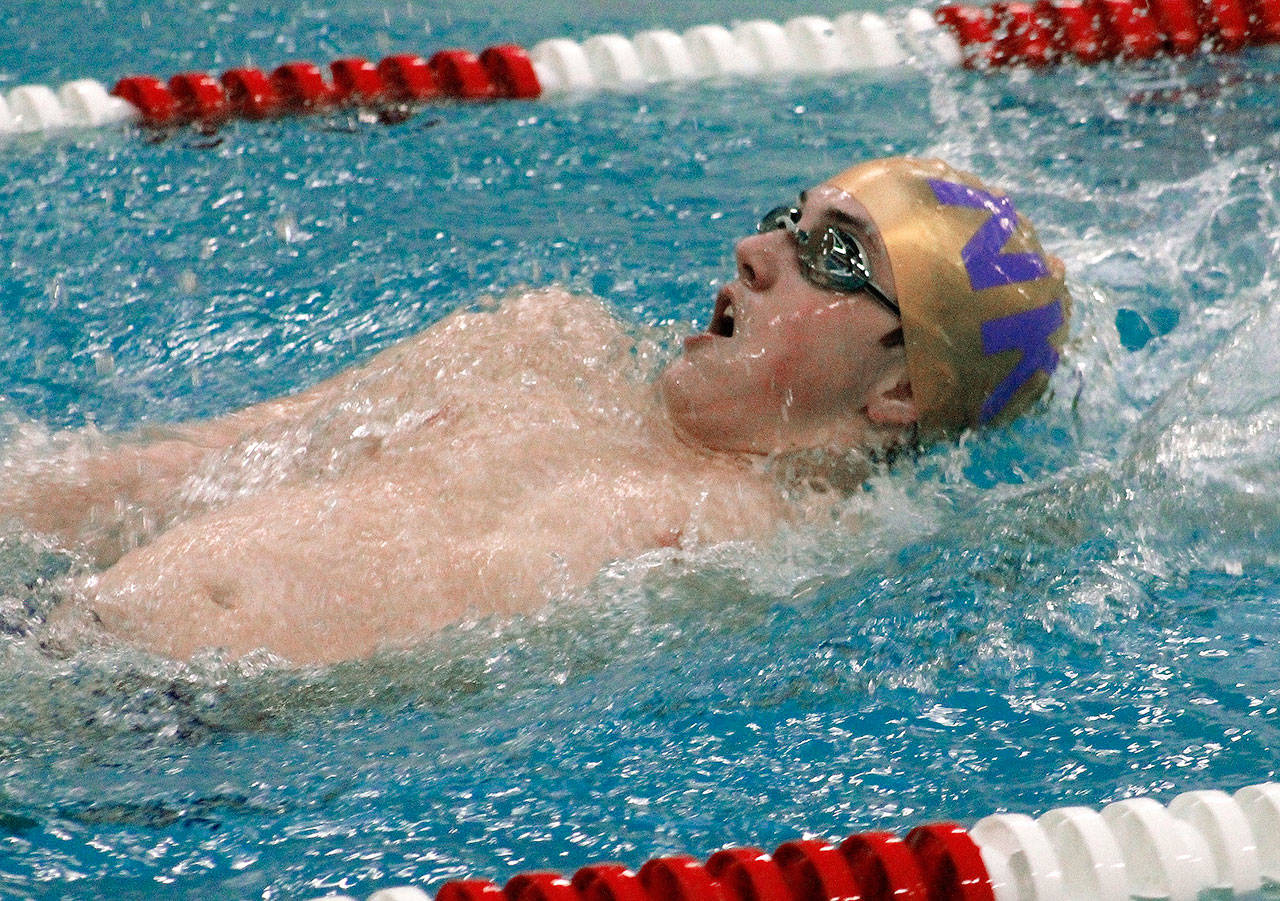North Kitsap’s Brandon Anderson swam a state-qualifying time in the 200-yard individual medley against Olympic on Dec. 13. (Mark Krulish/Kitsap News Group)