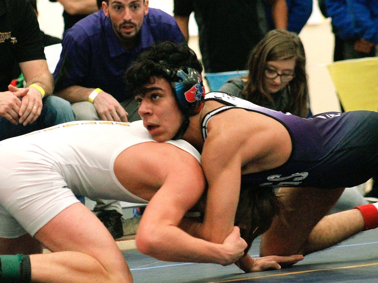 Robert Gomez of North Kitsap was in control in his 132 finals match against Puyallup’s Cody Bolstad. (Mark Krulish/Kitsap News Group)