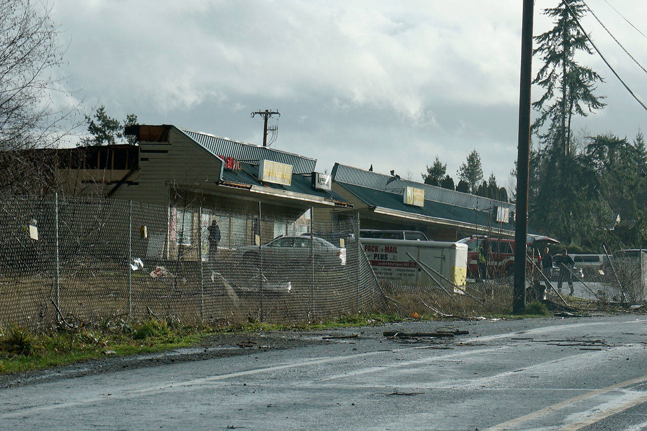 A tornado described as at least 600 yards wide swept across Bethel Avenue in Port Orchard at 2 p.m. today. It damaged commercial buildings in its path and reportedly took the roof off a nearby home. (Bob Smith | Kitsap Daily News)